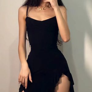 Grunge Style Ruffled Slit Bodycon Mini Dress - Aesthetic Fashion Essential