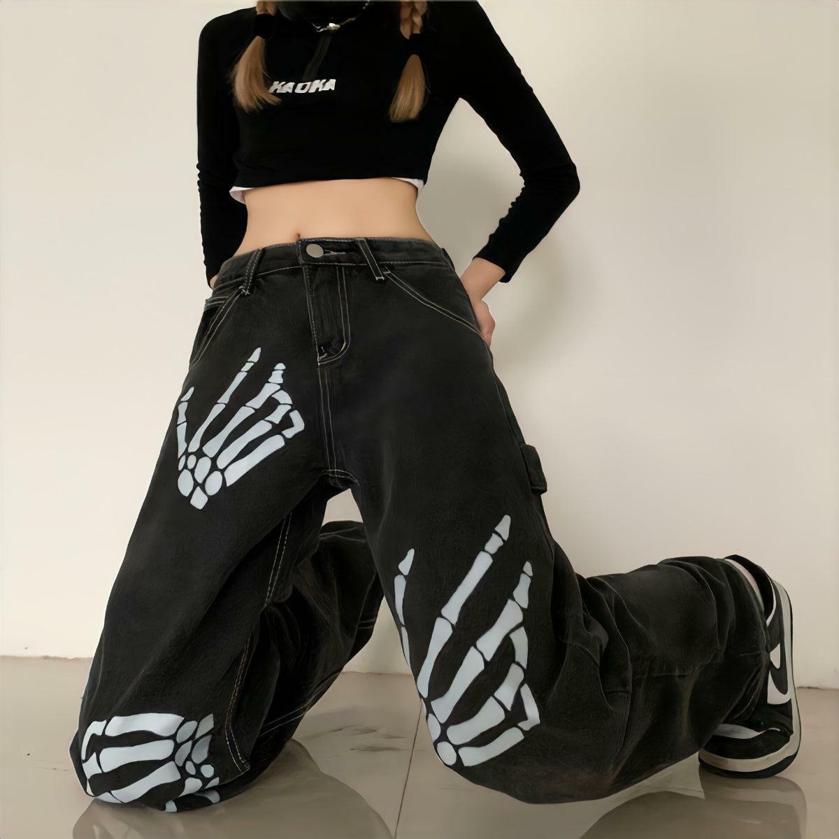 Grunge Style Skeleton Hand Printed Jeans for Aesthetic Outfits