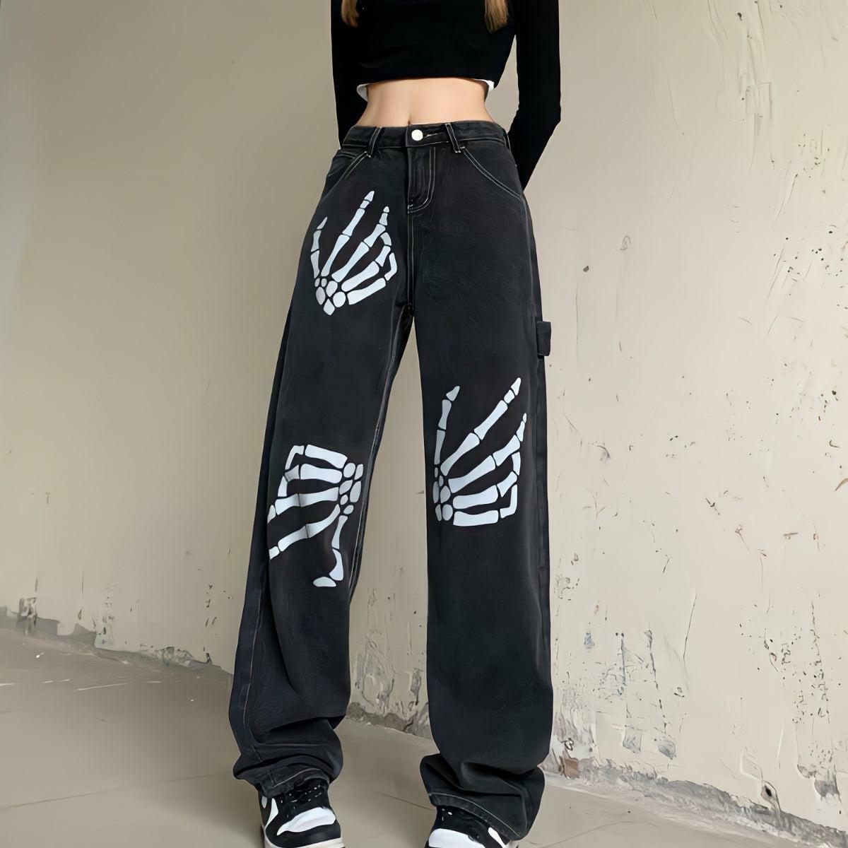 Grunge Style Skeleton Hand Printed Jeans for Aesthetic Outfits