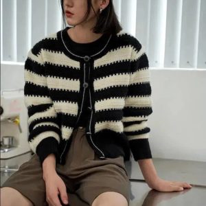 Grunge Style Striped Button Up Cardigan - Aesthetic Layering Essential