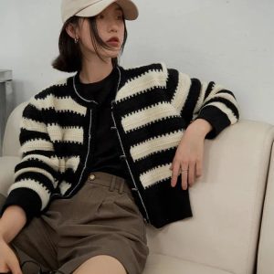 Grunge Style Striped Button Up Cardigan - Aesthetic Layering Essential