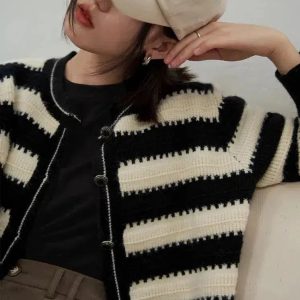 Grunge Style Striped Button Up Cardigan - Aesthetic Layering Essential