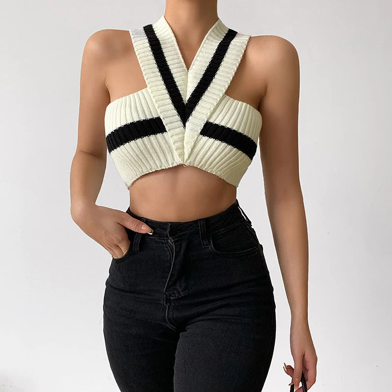 Grunge Style Striped Knitted Crop Top - Aesthetic Soft Girl Fashion