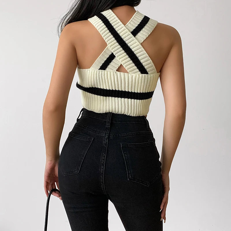 Grunge Style Striped Knitted Crop Top - Aesthetic Soft Girl Fashion