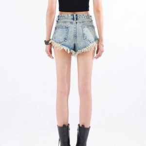 Grunge Style Tasseled Denim Shorts for Aesthetic Outfits