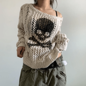 Grunge Style White Skeleton Knitted Sweater - Aesthetic Gothic Top