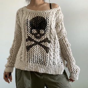 Grunge Style White Skeleton Knitted Sweater - Aesthetic Gothic Top