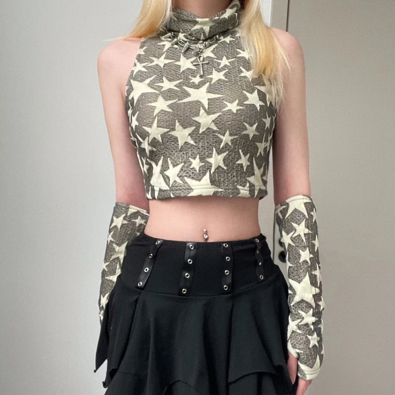 Grunge Style Y2K Star Embroidered Cropped Sweater Vest Top