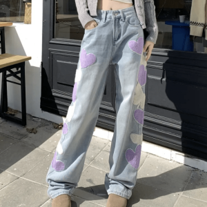 Heart Patchwork Straight Leg Jeans - Grunge Style Aesthetic Denim Pants