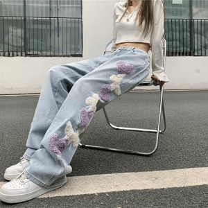 Heart Patchwork Straight Leg Jeans - Grunge Style Aesthetic Denim Pants