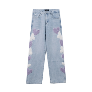 Heart Patchwork Straight Leg Jeans - Grunge Style Aesthetic Denim Pants