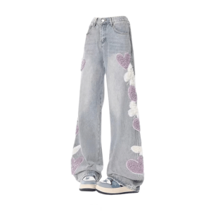 Heart Patchwork Straight Leg Jeans - Grunge Style Aesthetic Denim Pants