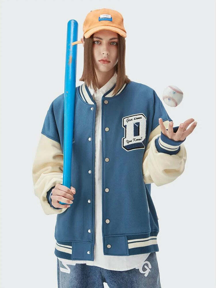 I Don't Give Damn Grunge Style Baseball Varsity Jacket for Aesthetic Outfits