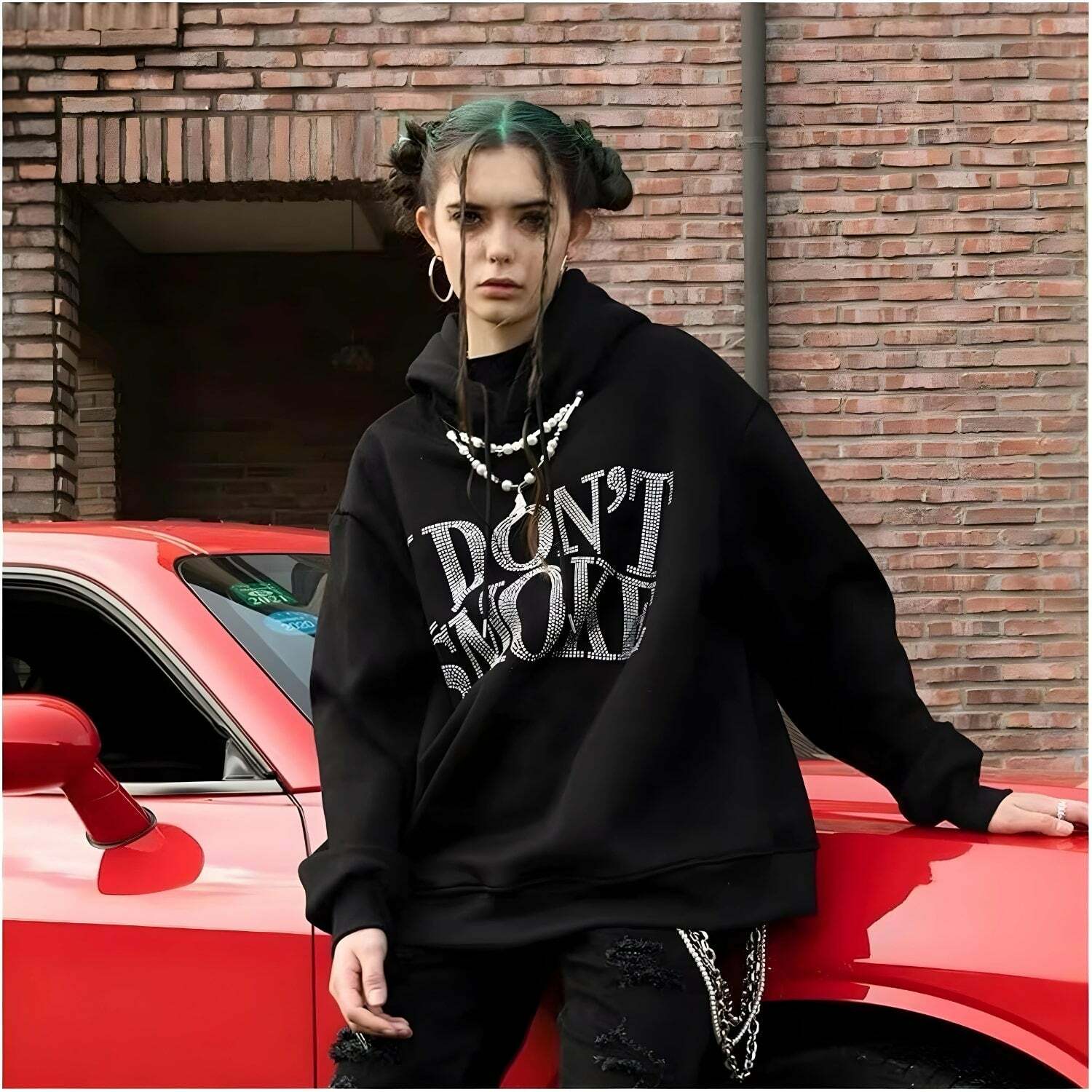 I Don't Smoke Rhinestone Hoodie - Grunge Style Aesthetic Top