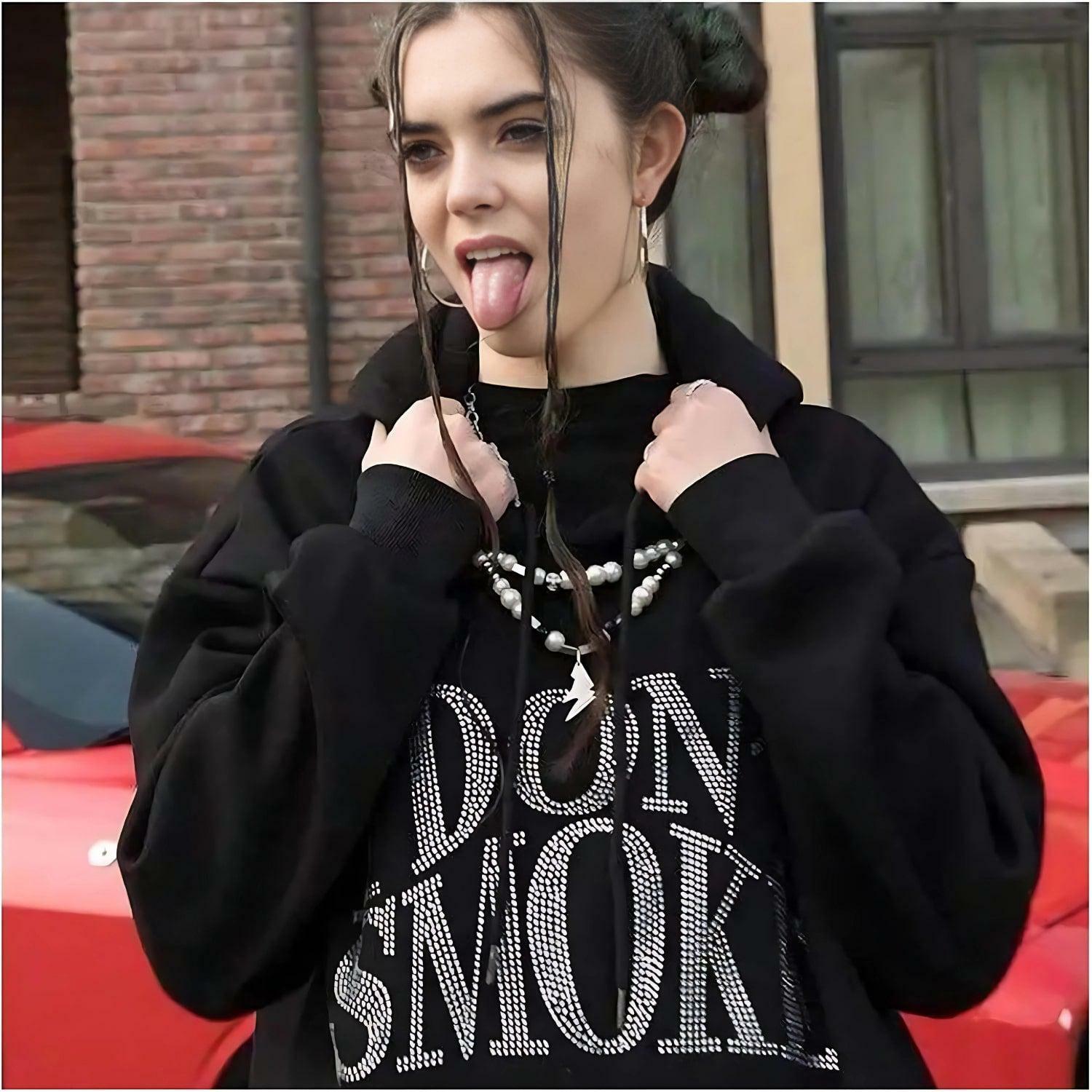 I Don't Smoke Rhinestone Hoodie - Grunge Style Aesthetic Top