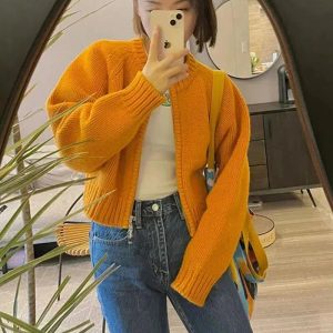 Indie Grunge Style Zip Up Knitted Cardigan for Aesthetic Outfits