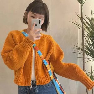 Indie Grunge Style Zip Up Knitted Cardigan for Aesthetic Outfits