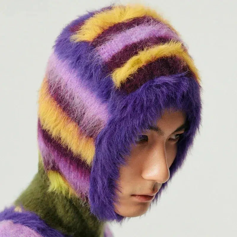 Indie Striped Fluffy Balaclava - Grunge Style Aesthetic Accessory