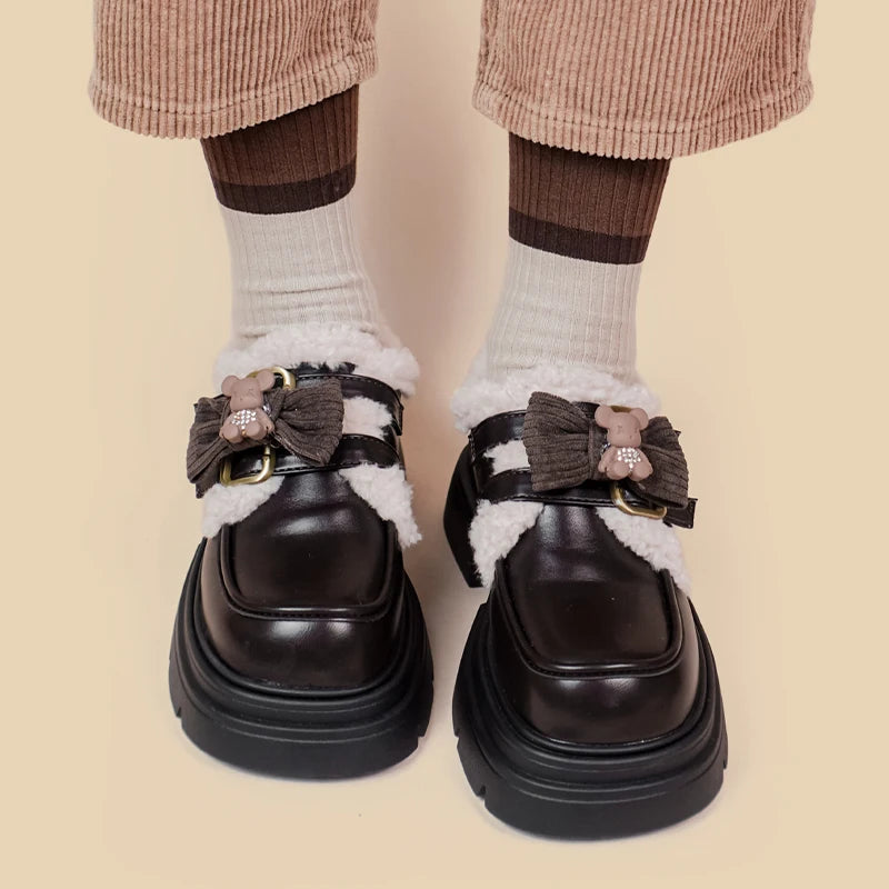 Kawaii Teddy Bear Platform Oxford Shoes for Soft Girl Aesthetic Outfits