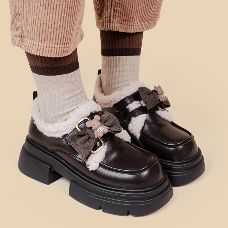 Kawaii Teddy Bear Platform Oxford Shoes for Soft Girl Aesthetic Outfits