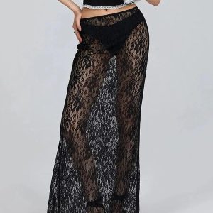 Lace Sheer Low Rise Maxi Skirt - Grunge Style Clothing & Aesthetic Outfit