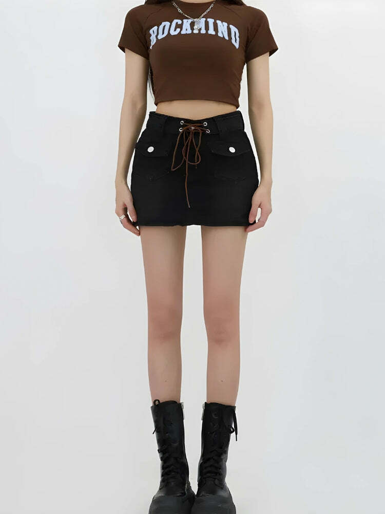 Lace-Up Belted Denim Mini Skort - Grunge Style Aesthetic Clothing