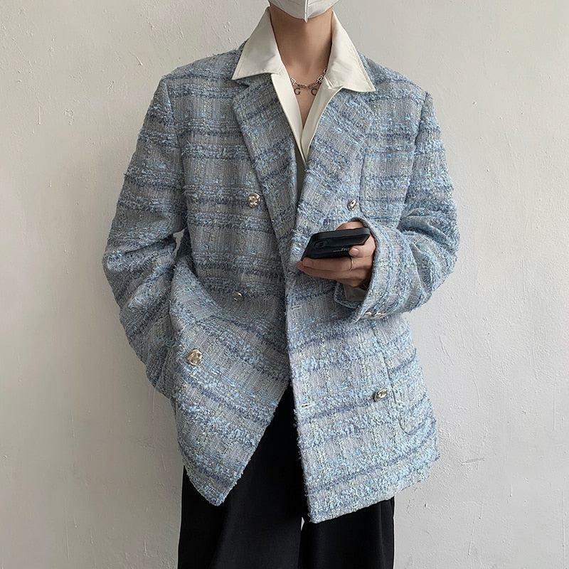 Lapel Collar Blue Tweed Blazer - Aesthetic Grunge Style Clothing Essential