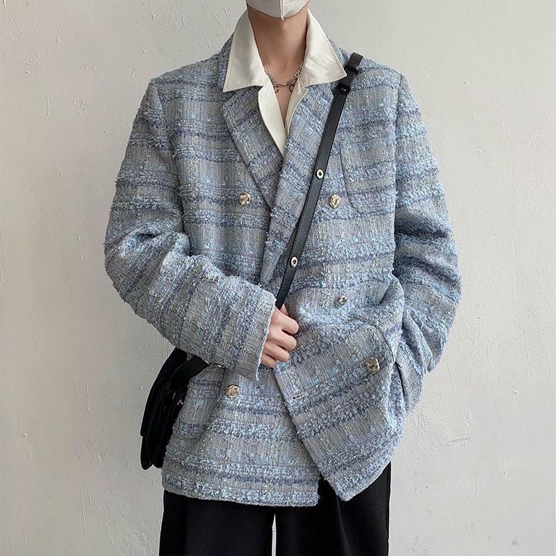 Lapel Collar Blue Tweed Blazer - Aesthetic Grunge Style Clothing Essential