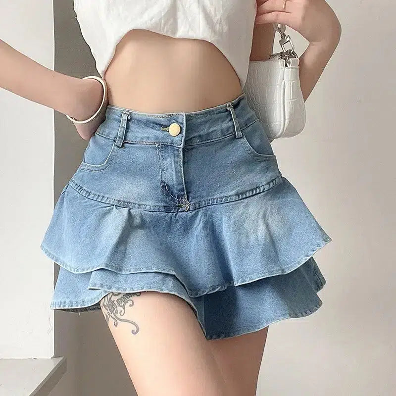 Layered Ruffled Denim Mini Skirt - Grunge Style Clothing & Aesthetic Outfit