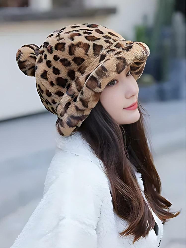 Leopard Ear Plush Hat - Cute Aesthetic Accessory for Soft Girl Style