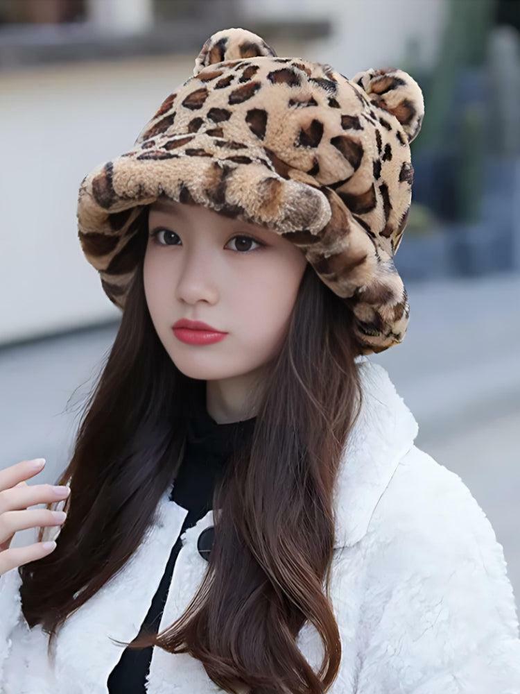 Leopard Ear Plush Hat - Cute Aesthetic Accessory for Soft Girl Style