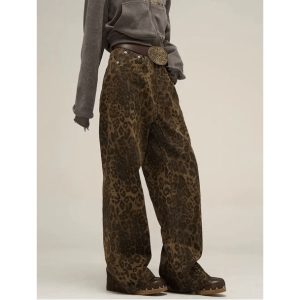 Leopard Print Loose Pants for Aesthetic Outfits and Grunge Style Clothing