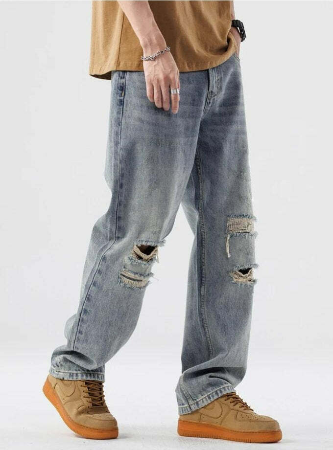 Light Wash Distressed Knee Jeans - Grunge Style Aesthetic Denim Pants