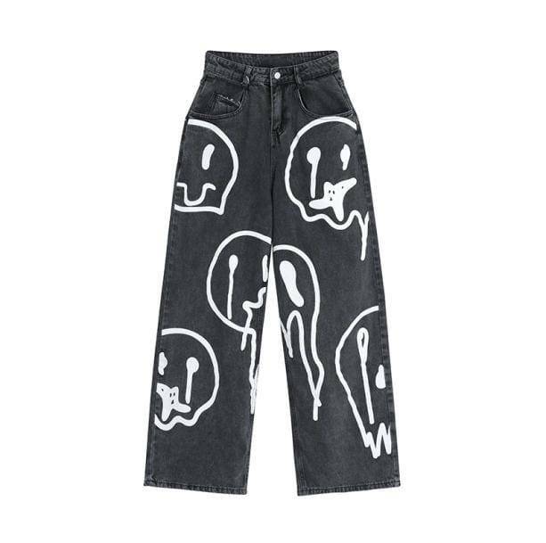 Melting Smiley Print Jeans - Grunge Style Aesthetic Denim for Unique Outfits