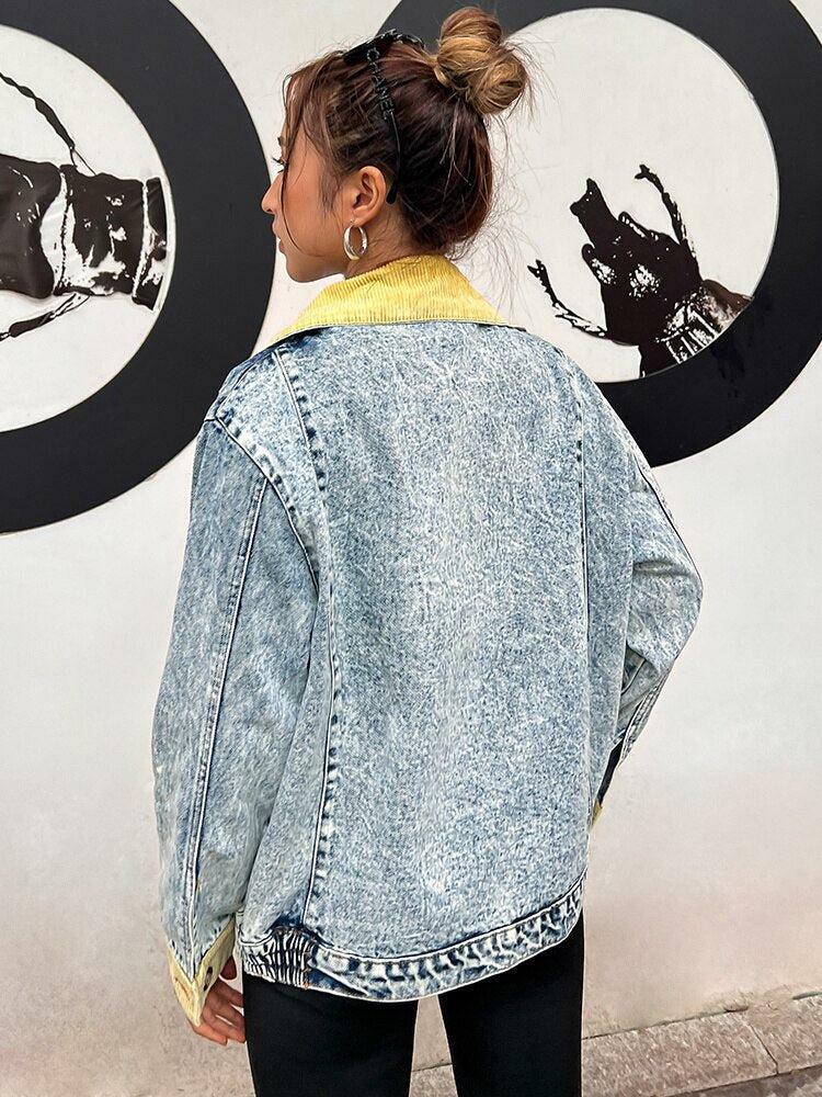 Mid Wash Patchwork Denim Jacket - Grunge Style Clothing & Aesthetic Outfit