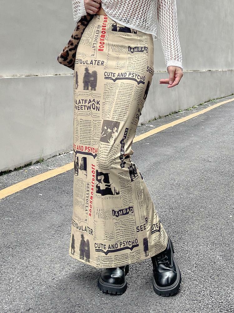 Newspaper Print Maxi Skirt - Grunge Style Aesthetic Clothing for Women