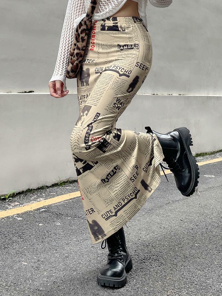 Newspaper Print Maxi Skirt - Grunge Style Aesthetic Clothing for Women