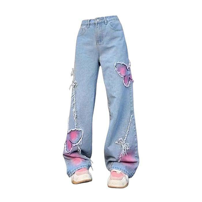 Pastel Butterfly Grunge Style Wide Leg Jeans for Aesthetic Outfits