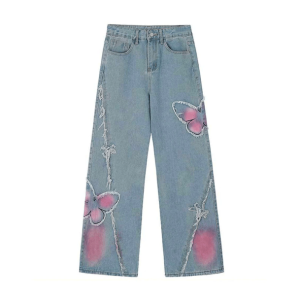 Pastel Butterfly Grunge Style Wide Leg Jeans for Aesthetic Outfits