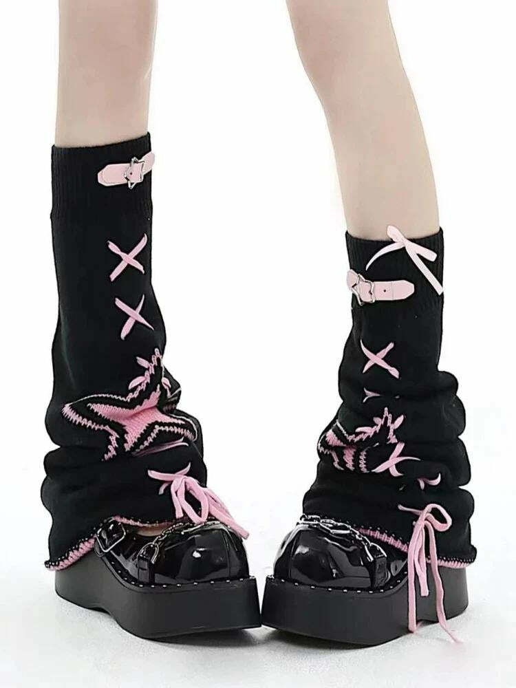 Pastel Goth Lace-Up Belted Leg Warmers for Aesthetic Outfits