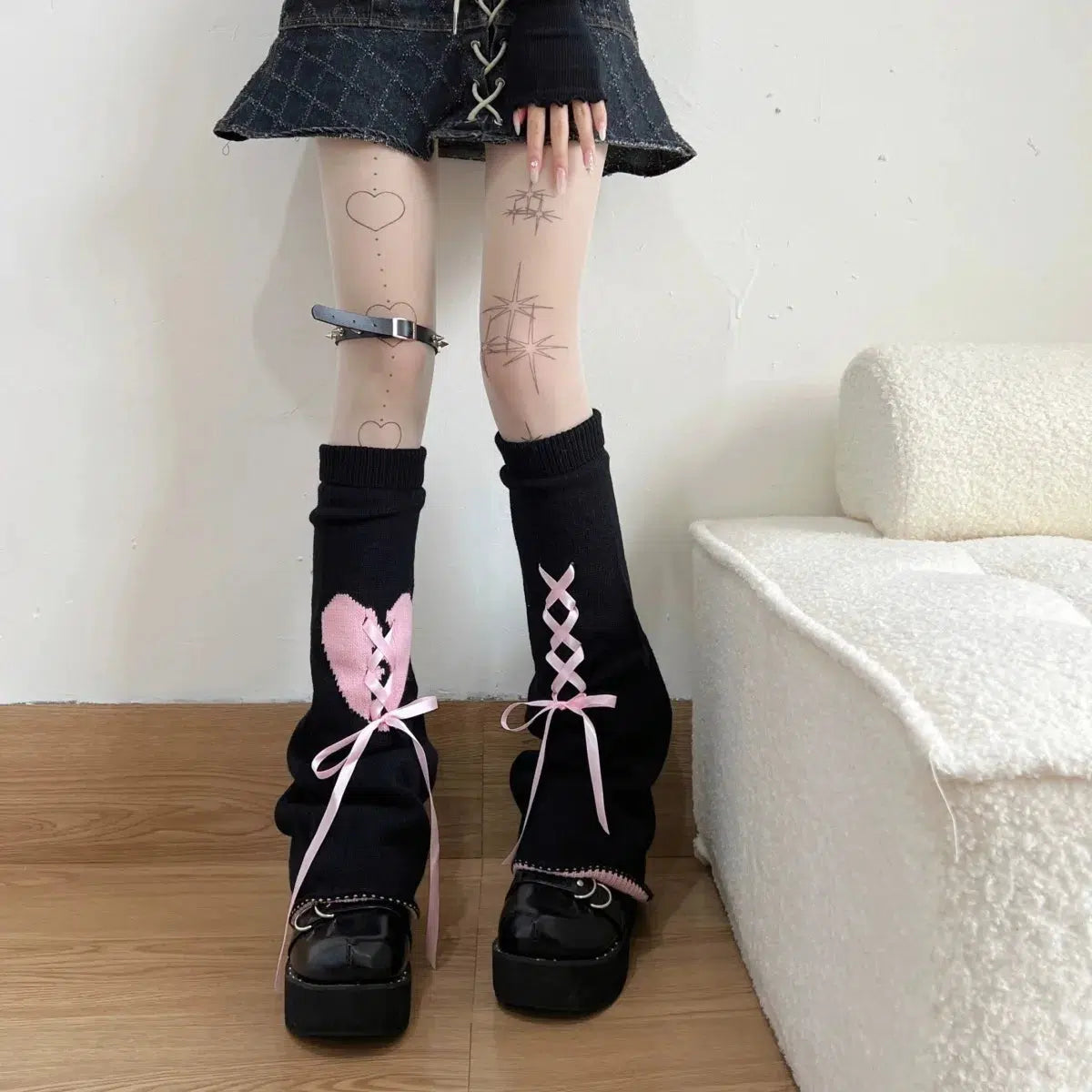 Pastel Goth Lace-Up Leg Warmers for Grunge Style Aesthetic Outfits