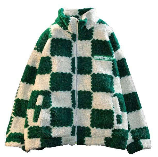 Plush Checkered Jacket - Grunge Style Clothing for Aesthetic Outfits