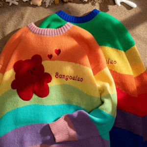 Rainbow Bear Cropped Sweater Vest - Grunge Style Aesthetic Top