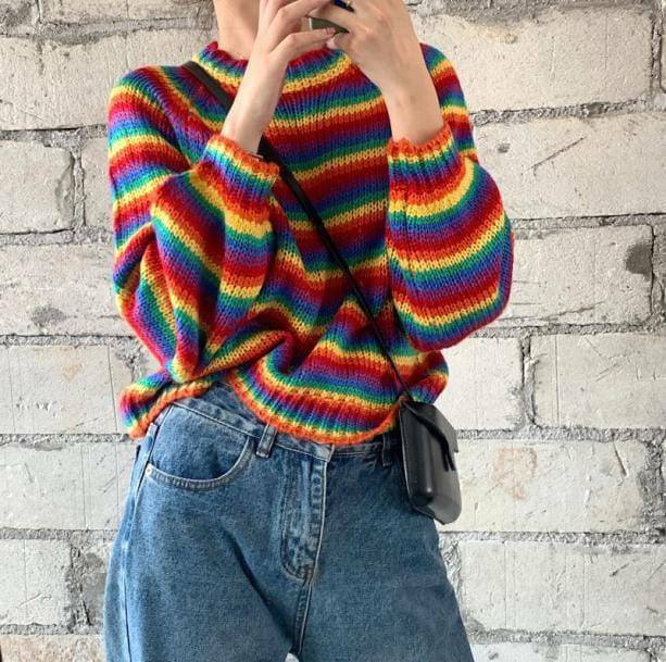 Rainbow Vibes Cropped Sweater Vest - Grunge Style Aesthetic Top