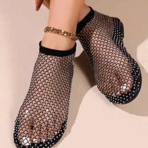 Rhinestone Fishnet Ballerina Flats - Grunge Style Aesthetic Footwear