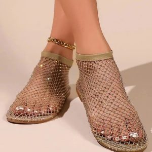 Rhinestone Fishnet Ballerina Flats - Grunge Style Aesthetic Footwear