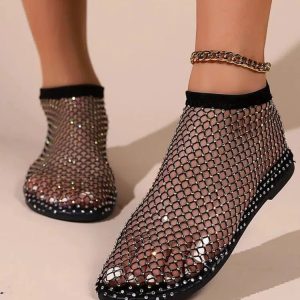 Rhinestone Fishnet Ballerina Flats - Grunge Style Aesthetic Footwear