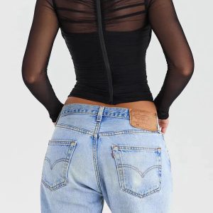 Ruched Sheer Zip-Up Mesh Top - Grunge Style Clothing & Aesthetic Outfit