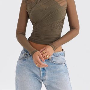 Ruched Sheer Zip-Up Mesh Top - Grunge Style Clothing & Aesthetic Outfit