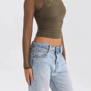 Ruched Sheer Zip-Up Mesh Top - Grunge Style Clothing & Aesthetic Outfit